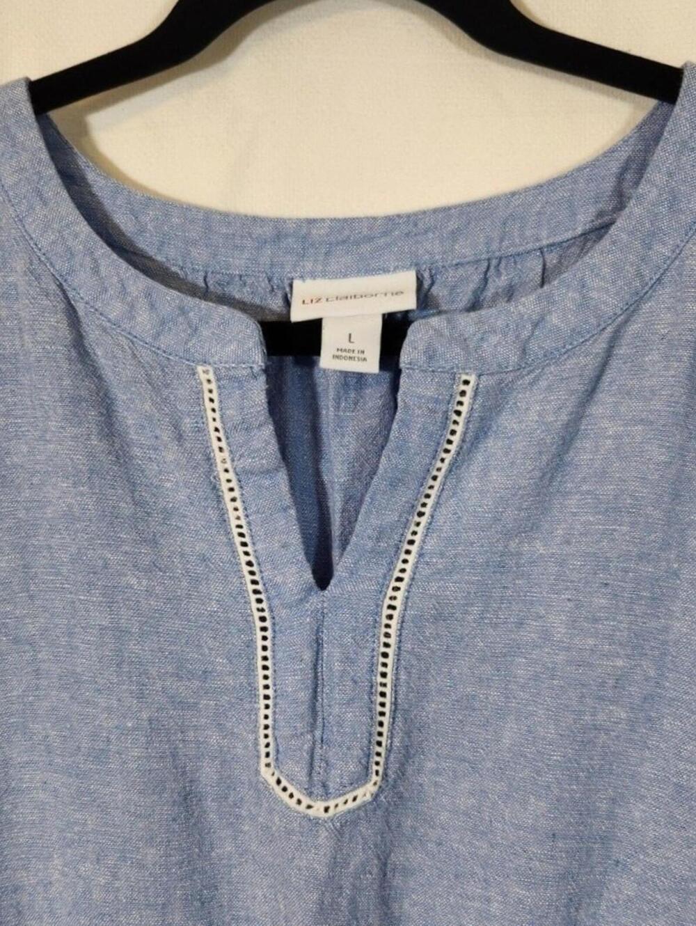 Liz Claiborne Large Light Blue Linen Blend Elastic Waist Embroidered Shift Dress - Picture 4 of 7